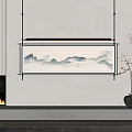 Ink Wash Mountain Water Landscape Painting Wall Hanging with Branches in Vase and Fireplace Flames