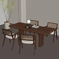 Modern Dining Room With Wooden Table Four Chairs Table Lamp And Potted Plant