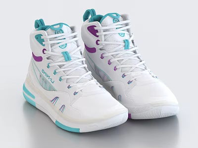 Stylish White High Top Basketball Shoes With Blue Purple Accents 3d model