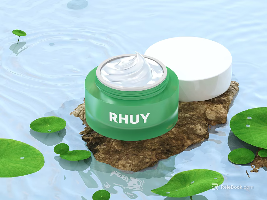RHUY Green Jar Natural Skincare Cream with Lotus Leaves and Wooden Base 3d model 