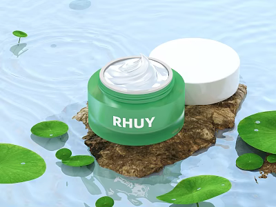 RHUY Green Jar Natural Skincare Cream with Lotus Leaves and Wooden Base 3d model