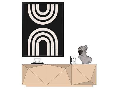 Geometric Beige Cabinet With Black White Wall Art And Decorative Figurines 3d model