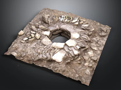 Wood and Stone Square Structure with Stacked Stones and Central Circular Hole 3d model