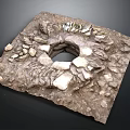 Wood and Stone Square Structure with Stacked Stones and Central Circular Hole
