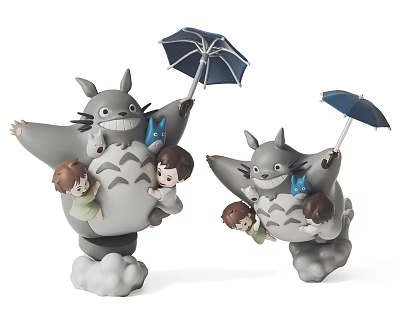 Cute Totoro Dolls Holding Kids With Blue Umbrellas In Dynamic Poses On White Background 3d model
