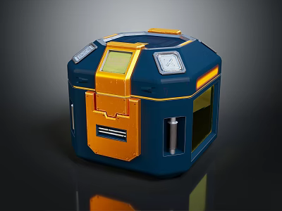Yellow And Navy Blue Cubical Industrial Device Featuring Display Screen Metal Rod And Gauge 3d model