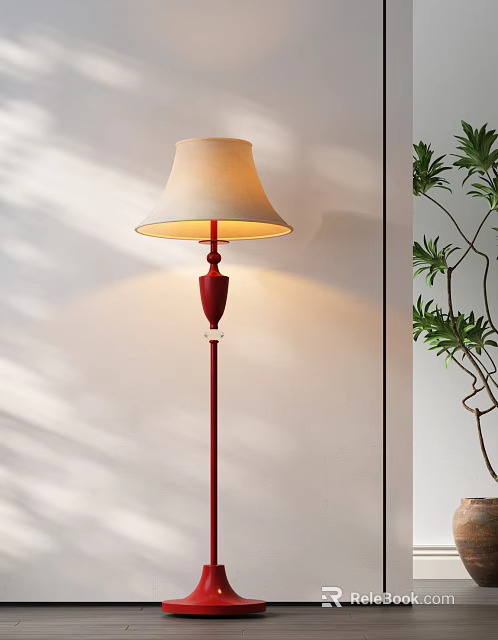 Red Pole Floor Lamp With Beige Lampshade Illuminating White Wall And Green Plant 3d model 