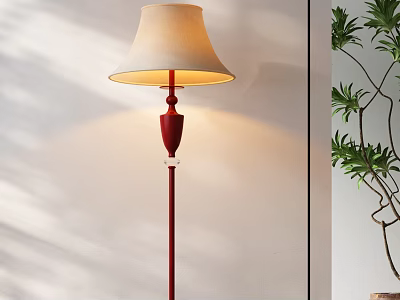 Red Pole Floor Lamp With Beige Lampshade Illuminating White Wall And Green Plant 3d model