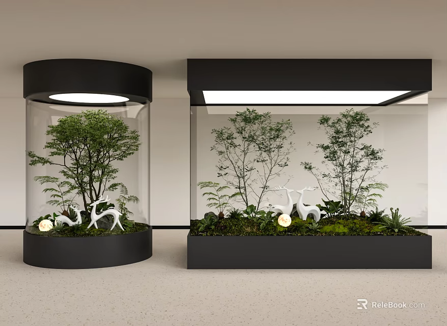 Indoor Landscape With Black Lighted Display Cases Green Plants Small Trees And White Deer Decorations 3d model 
