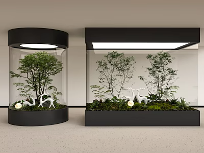 Indoor Landscape With Black Lighted Display Cases Green Plants Small Trees And White Deer Decorations 3d model