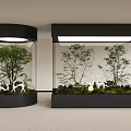Indoor Landscape With Black Lighted Display Cases Green Plants Small Trees And White Deer Decorations