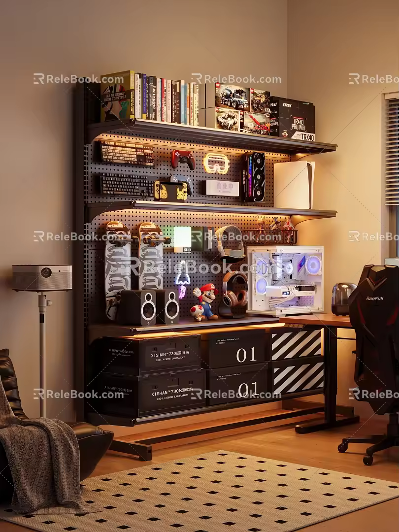Black Storage Shelf Black Hole Board Lifting Desk Study Desk Computer Desk Chassis Monitor Carpet Projector Books 3d model