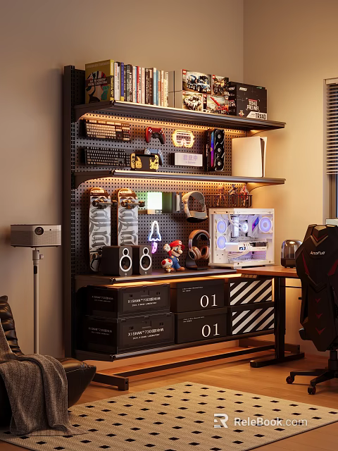 Modern Industrial Storage Shelving Unit With Multiple Shelves Storage Boxes And Decorative Figurines 3d model 