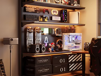 Modern Industrial Storage Shelving Unit With Multiple Shelves Storage Boxes And Decorative Figurines 3d model