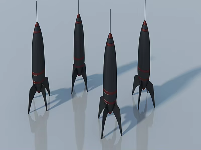 Four Black Rocket Models With Red Stripes And Bottom Stands On Gray Background 3d model