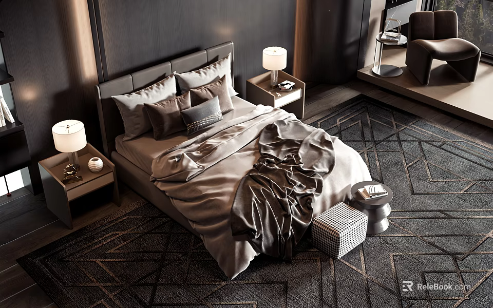 Modern Double Bed Interior With Headboard Pillows Bedspread Nightstands Table Lamps And Rug 3d model 