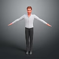 Man With Arms Outstretched Wearing White Shirt Black Pants Gray Shoes Against Gray Background