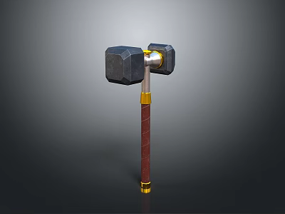 Medieval Style War Hammer Weapon With Square Heads Brown Textured Handle And Gold Accents 3d model