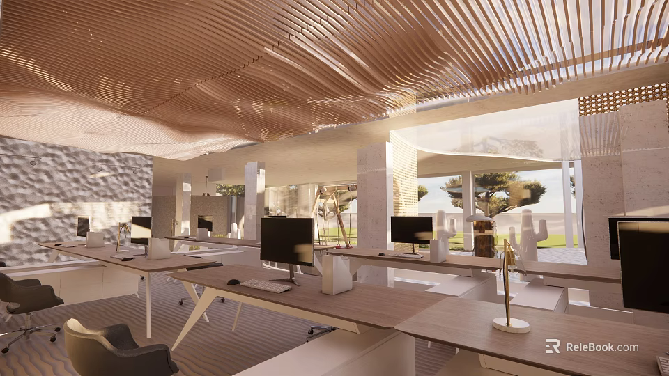Bright Modern Public Office Space Featuring Desks Computers Natural Light And Wooden Ceiling 3d model 