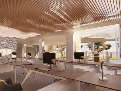 Bright Modern Public Office Space Featuring Desks Computers Natural Light And Wooden Ceiling 3d model