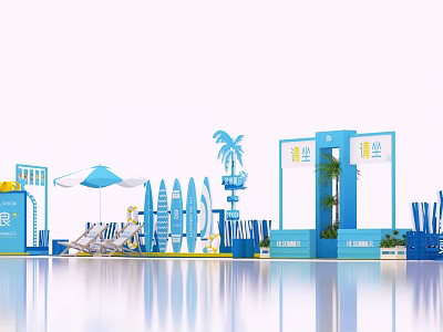 Summer Beach Themed Exhibition Booth With Blue Design Surfboards Palm Tree And Umbrella 3d model