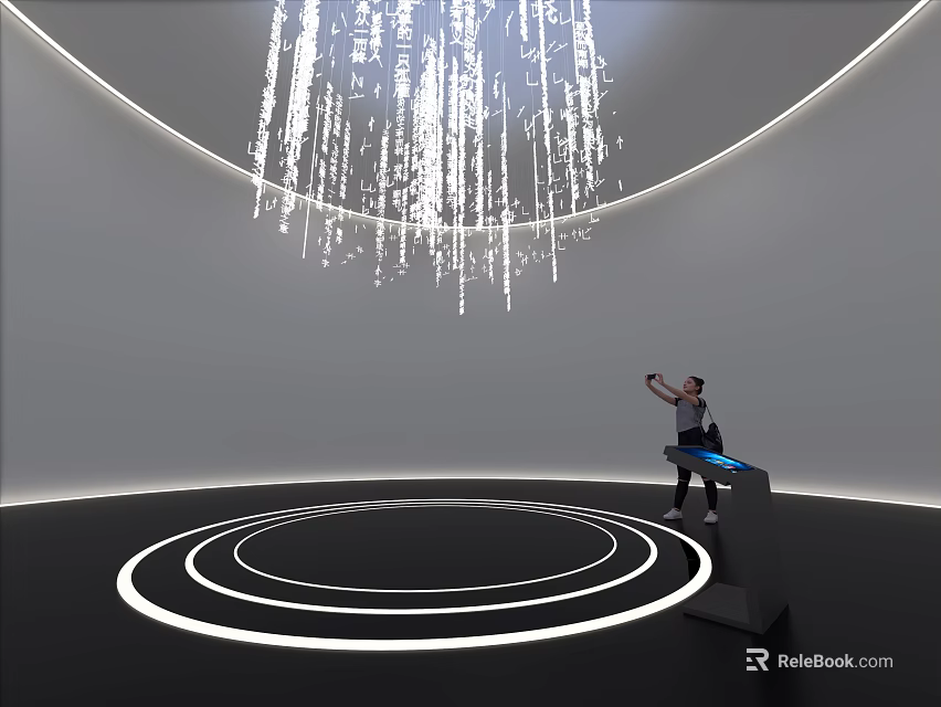 3D Letters Interactive Installation With Hanging White Lights Visitor Black Console Blue Glow Concentric Circles 3d model 