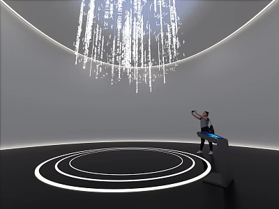 3D Letters Interactive Installation With Hanging White Lights Visitor Black Console Blue Glow Concentric Circles 3d model