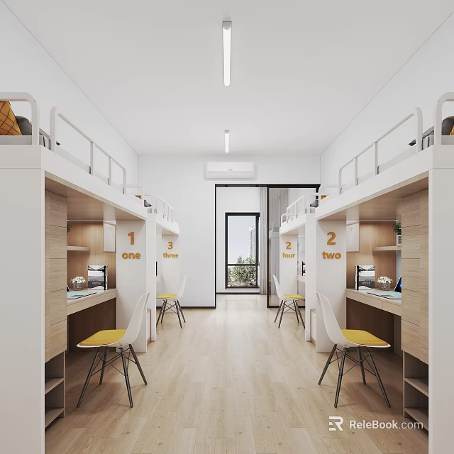 Dormitory Interior With Bunk Beds Desks Yellow Chairs And Wooden Floor Design 3d model 