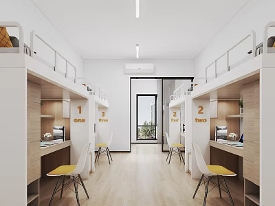 Dormitory Interior With Bunk Beds Desks Yellow Chairs And Wooden Floor Design 3d model