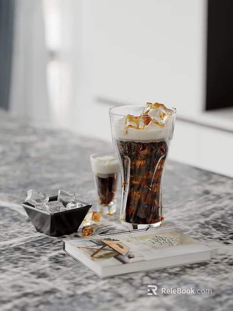 Iced Dark Beverage On Marble Table With Ice Cubes And Small Glass 3d model 