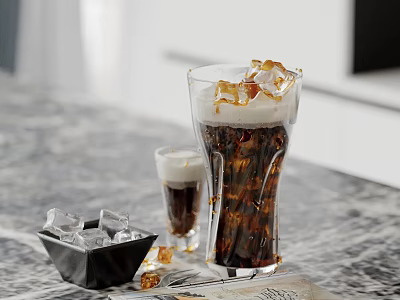 Iced Dark Beverage On Marble Table With Ice Cubes And Small Glass 3d model