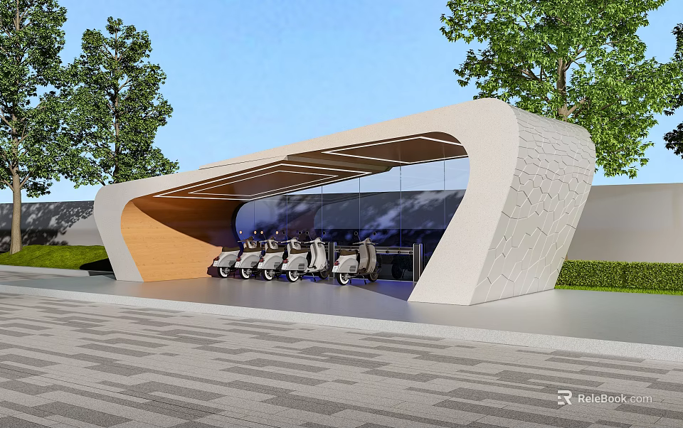 Modern Public Facility Featuring Curved White Roof Glass Windows Neat Seats Green Trees Paved Ground 3d model 