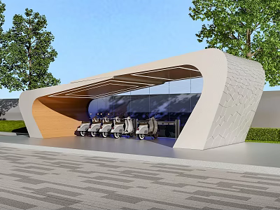 Modern Public Facility Featuring Curved White Roof Glass Windows Neat Seats Green Trees Paved Ground 3d model