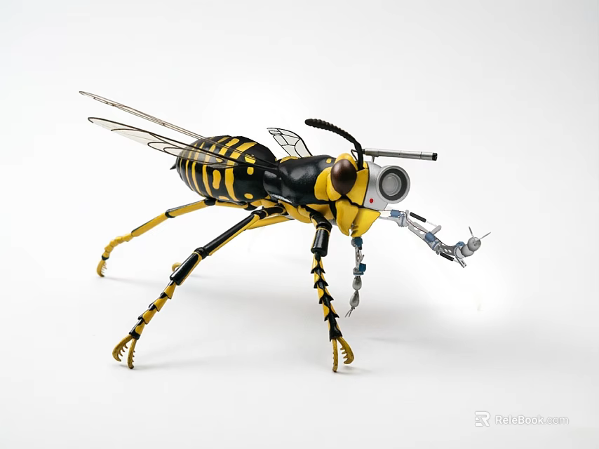 Mechanical Wasp Doll With Yellow Black Stripes Large Eyes Metallic Parts And Wings 3d model 