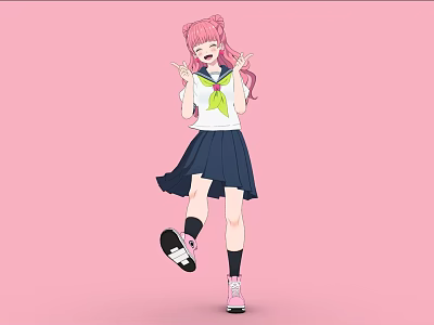 Anime Woman With Pink Hair White Top Green Scarf In Happy Dancing Pose Pink Background 3d model