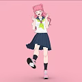 Anime Woman With Pink Hair White Top Green Scarf In Happy Dancing Pose Pink Background