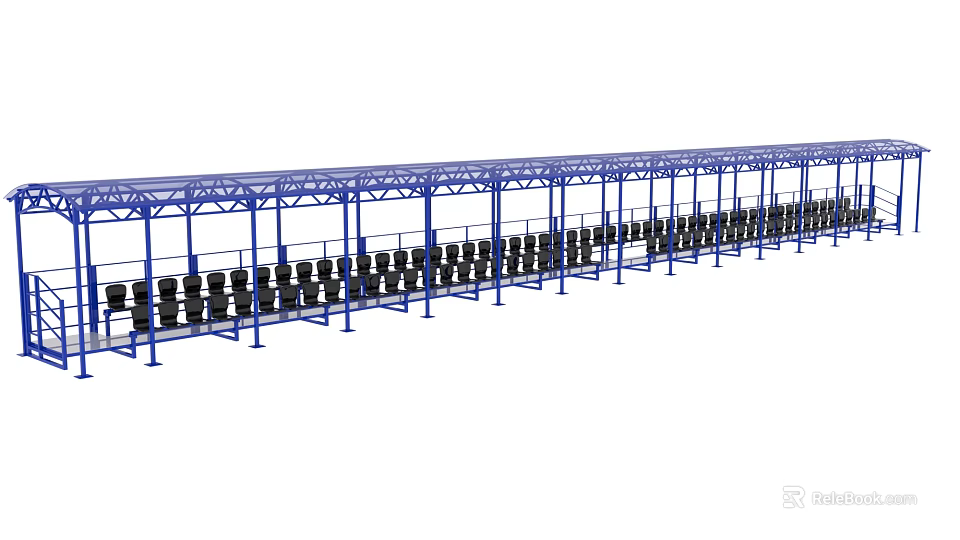 Blue Metal Frame Structure With Black Components In Long Row Arrangement 3d model 