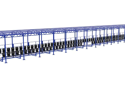 Blue Metal Frame Structure With Black Components In Long Row Arrangement 3d model