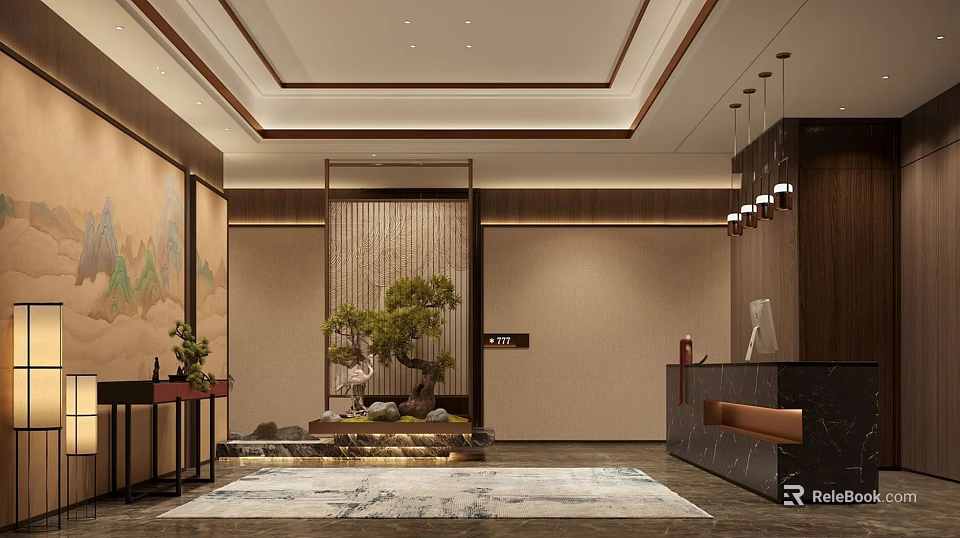 Modern Front Desk Reception Lobby Design With Potted Tree Water Feature And Landscape Art 3d model 