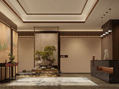 Modern Front Desk Reception Lobby Design With Potted Tree Water Feature And Landscape Art 3d model