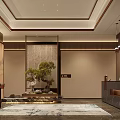 Modern Front Desk Reception Lobby Design With Potted Tree Water Feature And Landscape Art