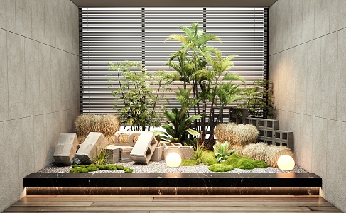 Modern Indoor Courtyard Sketches Landscape Landscaping Plant Combination Green Plant Landscape Brick Straw Block 3d model