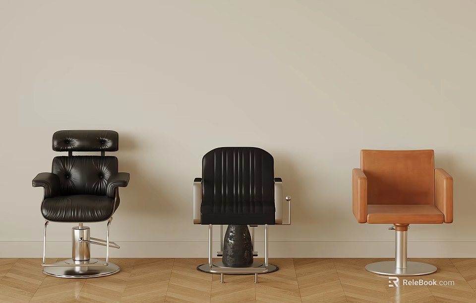 Three Stylish Chairs Black Leather Striped And Brown Leather With Light Wall Wooden Floor 3d model 