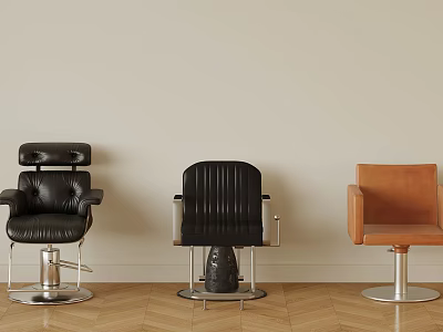 Three Stylish Chairs Black Leather Striped And Brown Leather With Light Wall Wooden Floor 3d model