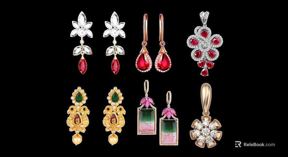 Elegant Jewelry Pendants With Various Gemstone Inlaid Designs And Diamond Accents 3d model 