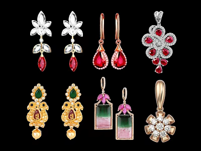 Elegant Jewelry Pendants With Various Gemstone Inlaid Designs And Diamond Accents 3d model