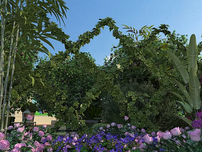 Garden Landscape Design With Vine Archway Pink Purple Flowers And Lush Greenery 3d model