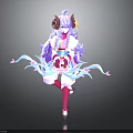 Anime Style Character With Sheep Horns Purple Hair And Pink Blue Ribbons In Traditional Outfit