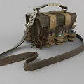 Vintage Leather Shoulder Bag With Adjustable Strap Decorative Metal Buckles And Small Glass Bottles