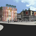 Modern Commercial Street With Colorful Striped Buildings Busy Plaza Fountain And Greenery